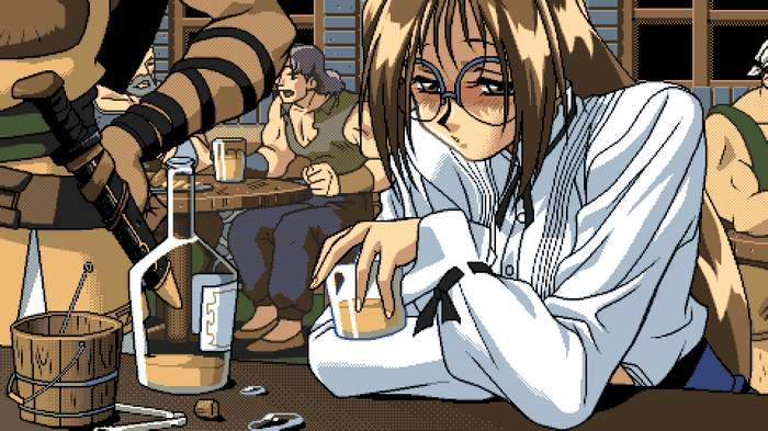 Anime girl with glasses drinking at a bar