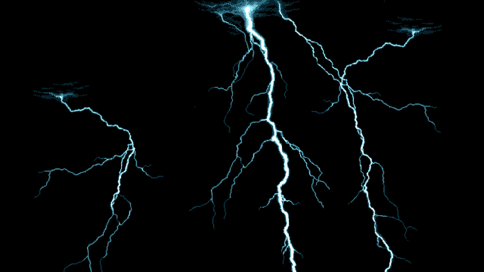 Pixel art lightning strikes on a black background