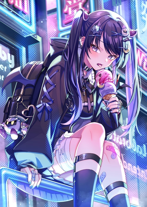 Girl with twintails eating ice cream in neon city