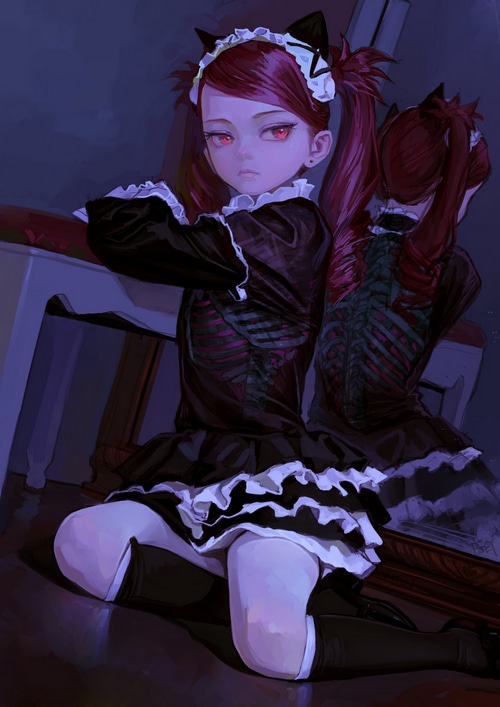 Girl with twintails and red eyes in a maid outfit