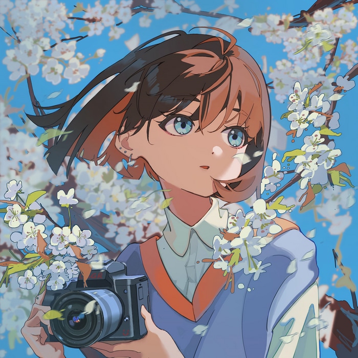 Girl with camera among cherry blossoms