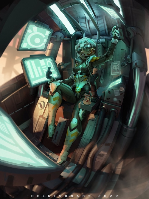 Woman in futuristic cockpit with glowing screens