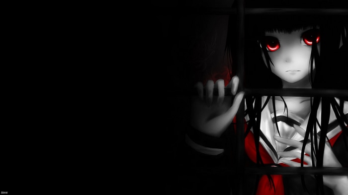 Jigoku Shoujo anime girl with red eyes behind bars