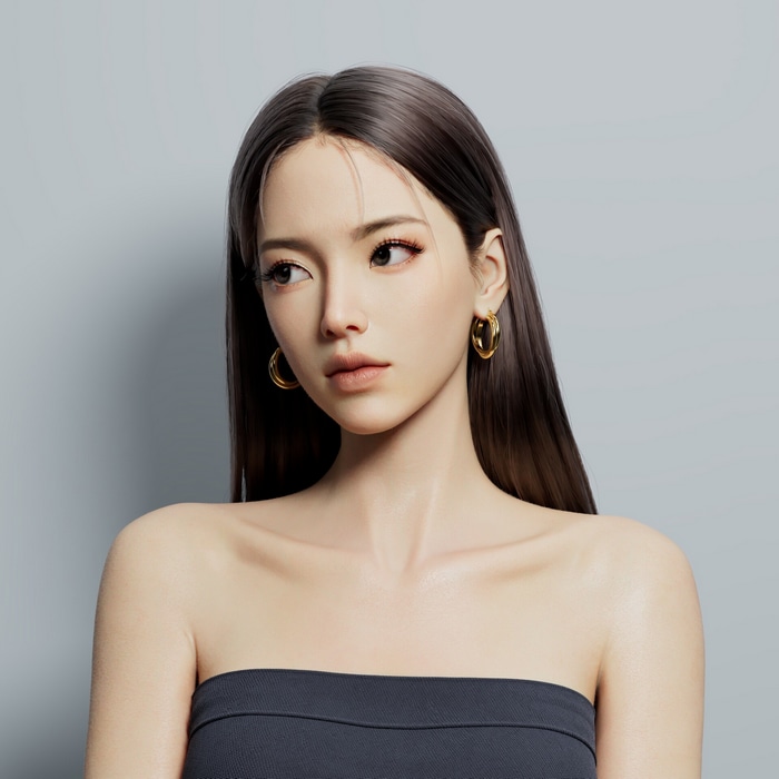 Woman with straight brunette hair and hoop earrings