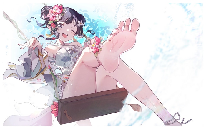 Anime girl with flowers on a swing