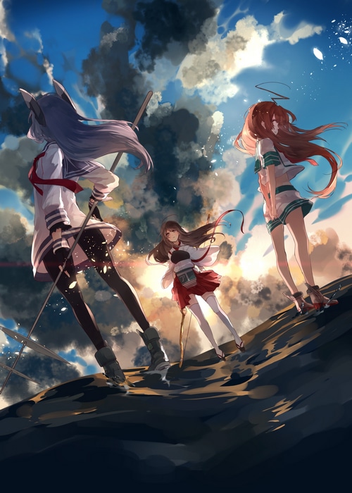 Three anime girls with weapons in the sky