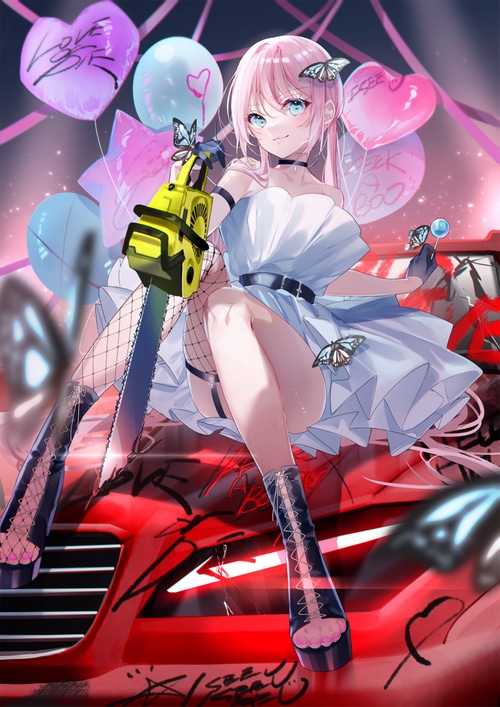Girl with pink hair and chainsaw on a car