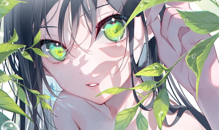 Anime girl with green eyes and dark hair among leaves