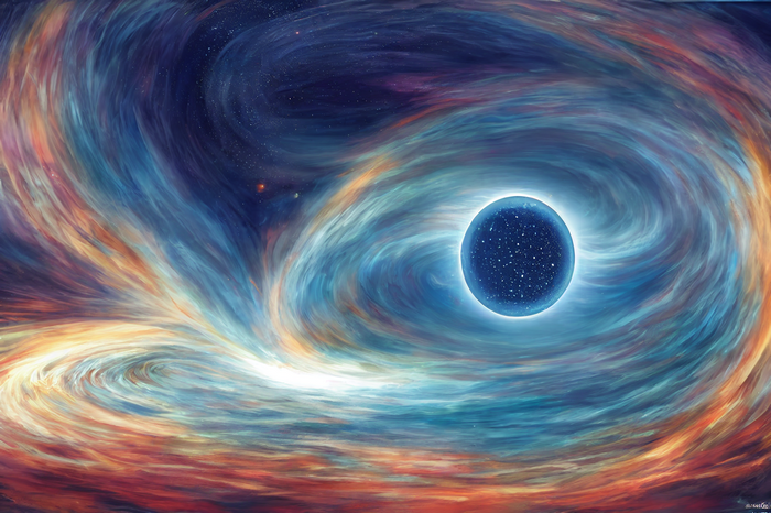 A swirling nebula in deep space with a bright blue sphere