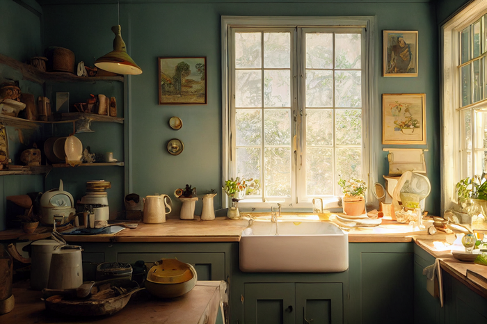 Cottage kitchen interior with a sink and window