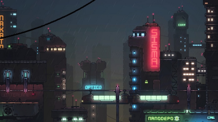 Cyberpunk city at night with neon signs and rain