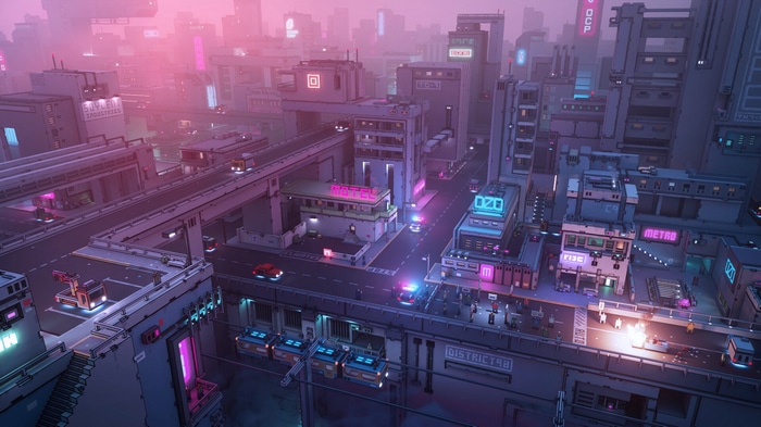 Cyberpunk city with neon lights and flying cars
