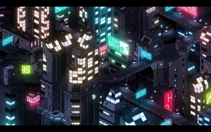 Pixel art cyberpunk city with neon lights at night