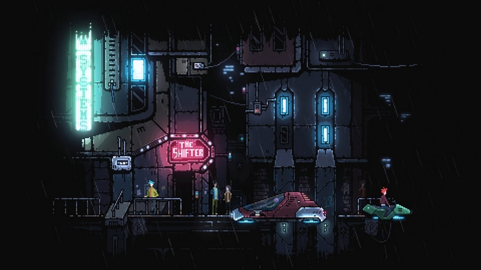 Pixel art cyberpunk city street at night with neon signs