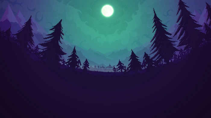 Pixel art night forest with moon and clouds