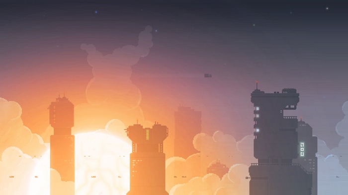 Futuristic cityscape with skyscrapers and clouds at sunset