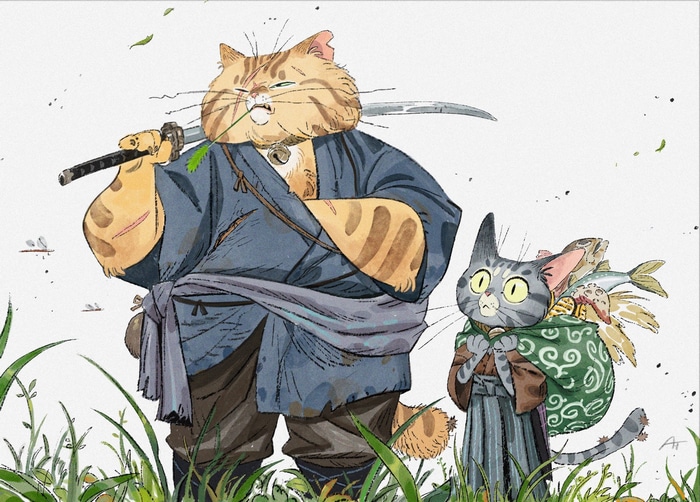 Two cats, one with a katana, the other with fish