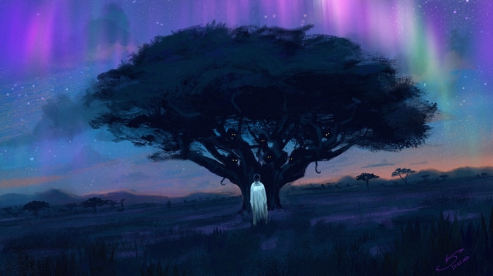 Black Panther characters in a tree under aurorae