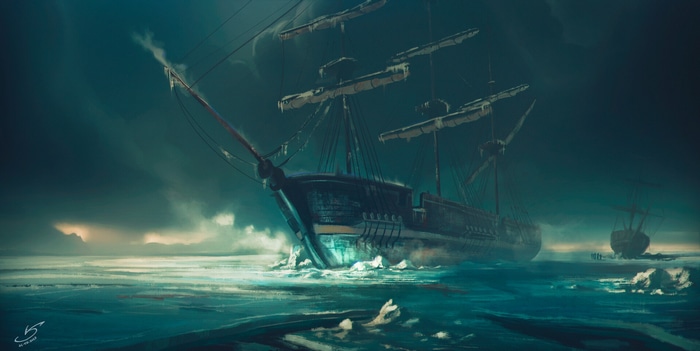 Pirate ship trapped in ice with another ship in the distance