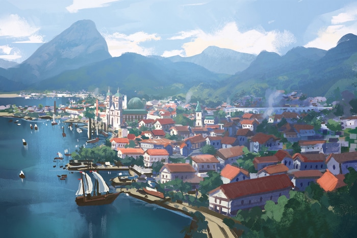 Coastal town with a large church and mountains in Brazil