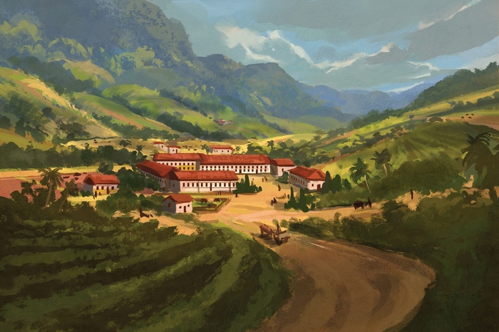 Town in a valley in Brazil with mountains and clouds