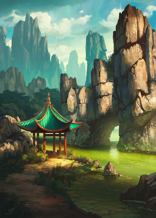 Shilin landscape with a pagoda and rocky mountains