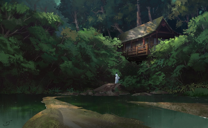 A person in white walks by a river towards a cottage in a forest.