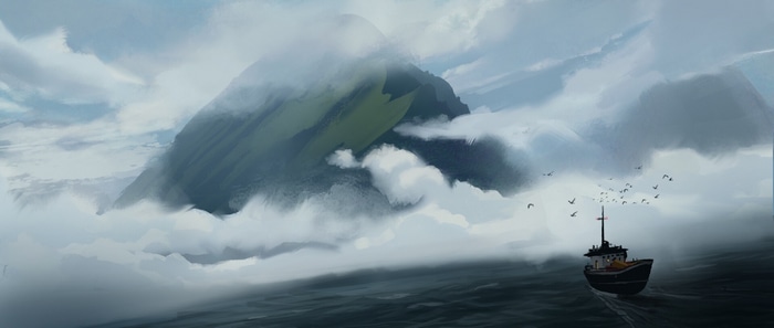 Ship sailing through misty sea towards a mountain