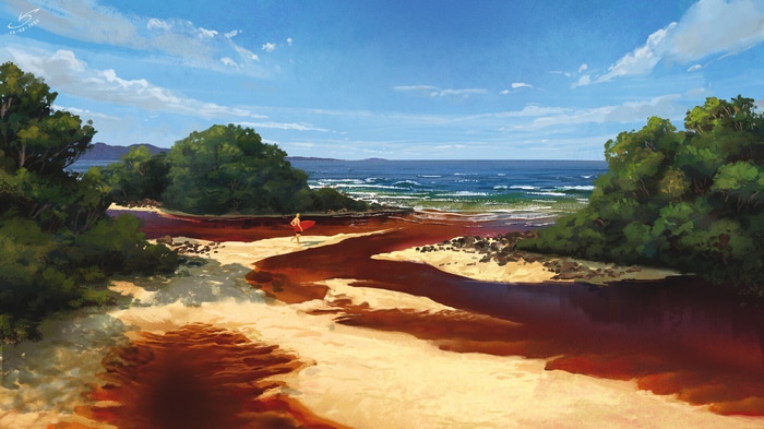Surfer with surfboard on a beach with red river and ocean