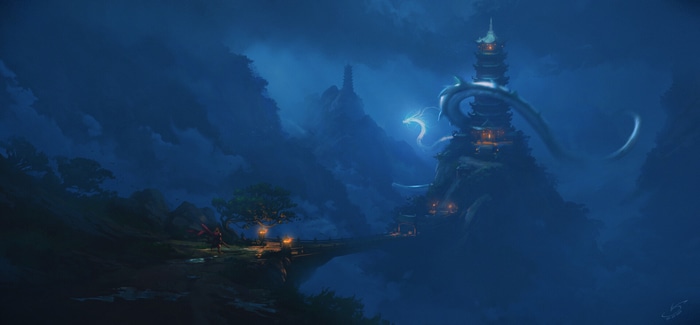 Chinese Dragon and Pagoda in Misty Mountains