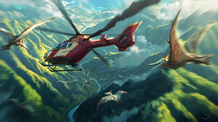 Helicopter pursued by Pterodactyls over a mountain valley