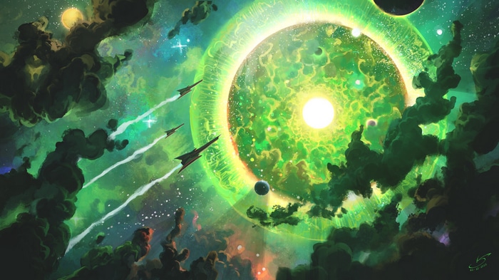 Spaceships approaching a glowing green planet in space