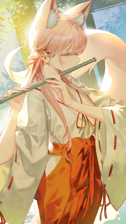 Fox girl playing a flute in a forest