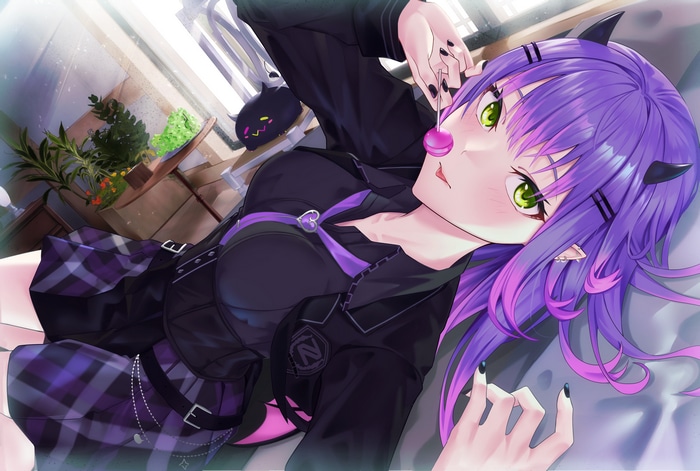 Anime girl with purple hair and horns eating a lollipop