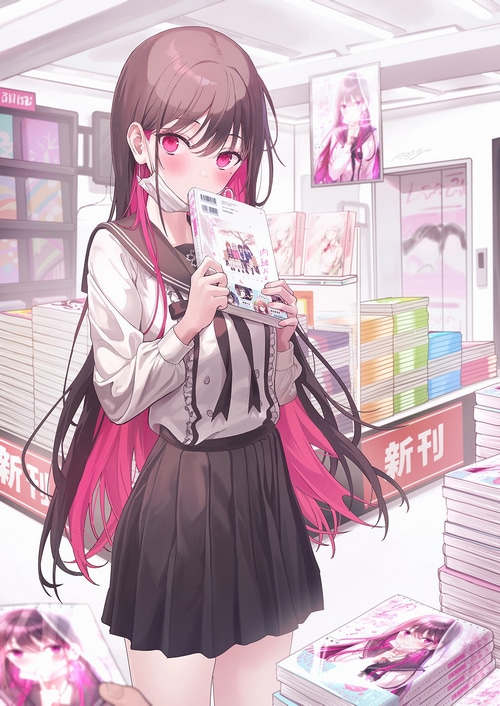 Girl holding a book in a bookstore