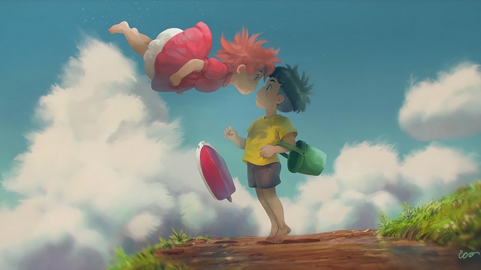 Ponyo and Sosuke on a cliff with clouds