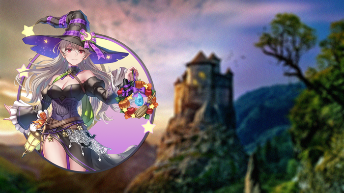 Corrin in a witch costume holding a Halloween wreath
