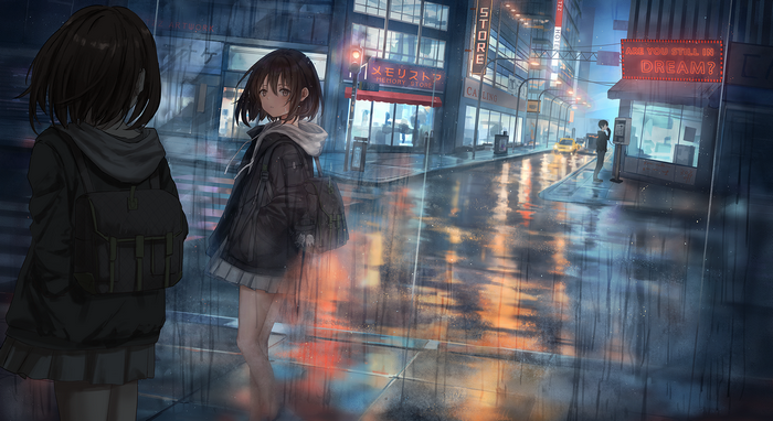 Schoolgirls in rain on a city street