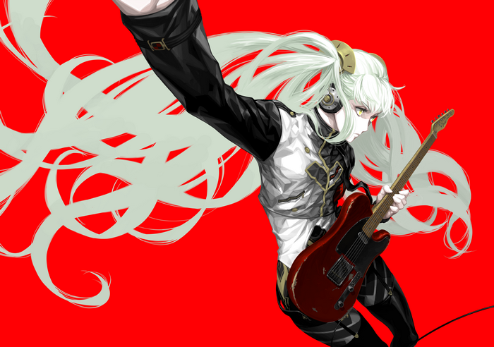 Hatsune Miku playing a guitar on a red background