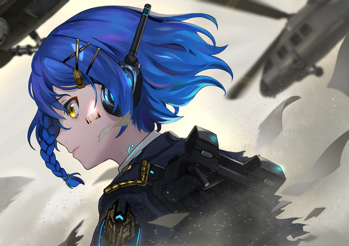 Girl with blue hair and yellow eyes near helicopters