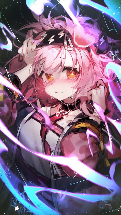 Goldenglow from Arknights crying with pink hair