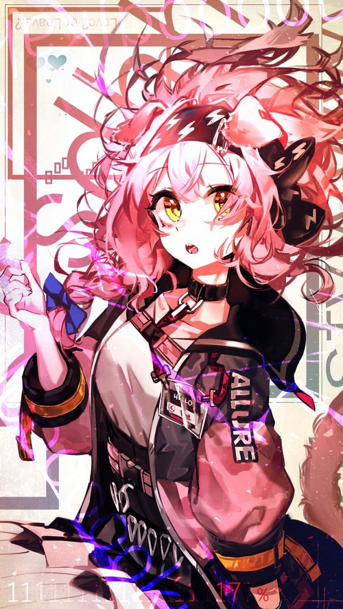 Goldenglow from Arknights with pink hair and yellow eyes