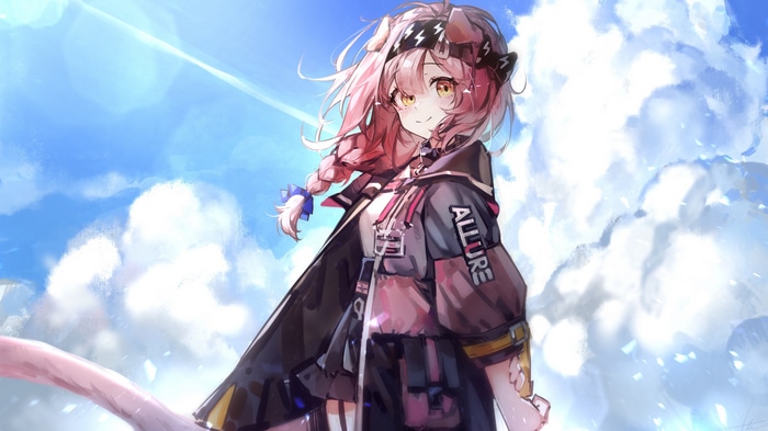 Goldenglow from Arknights with pink hair and yellow eyes