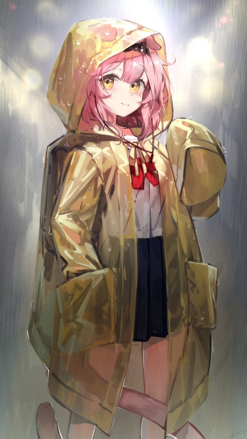 Goldenglow in a raincoat in the rain