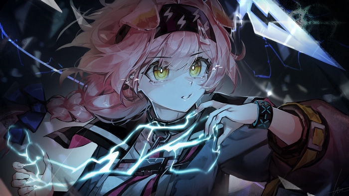 Goldenglow from Arknights with pink braids and yellow eyes