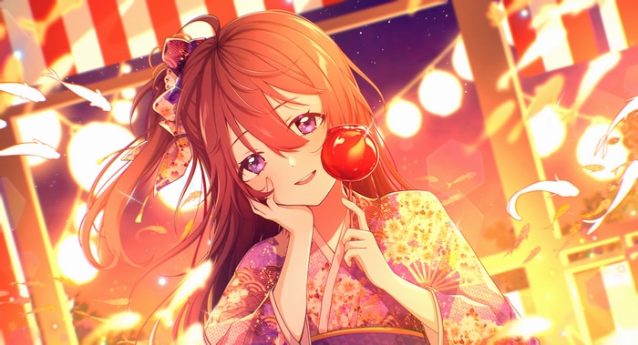 Girl with purple eyes eating candy apple at festival