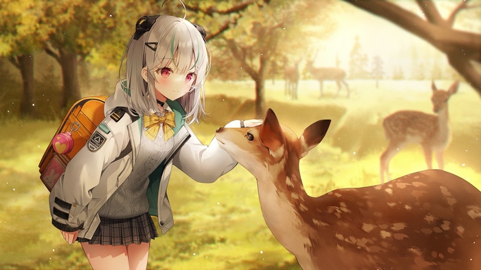 Girl petting a deer in a forest