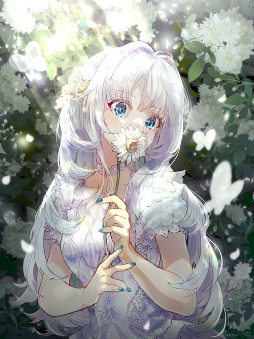 Anime girl with white hair holding a dandelion
