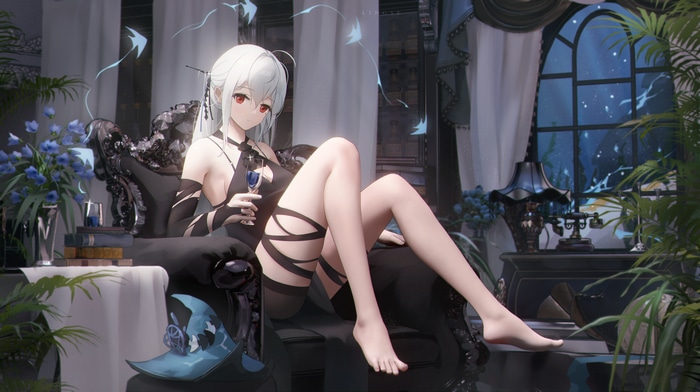4K Skadi with white hair sitting on a chair