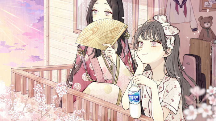 Two girls on a balcony with cherry blossoms and a teddy bear